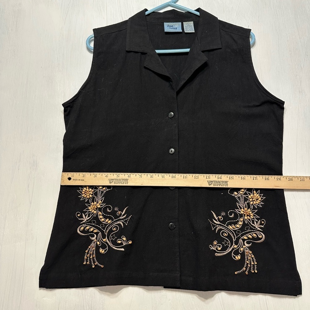Jane Ashley Black Top Large Sleeveless Button Front Floral Embroidery Cotton - Picture 5 of 8